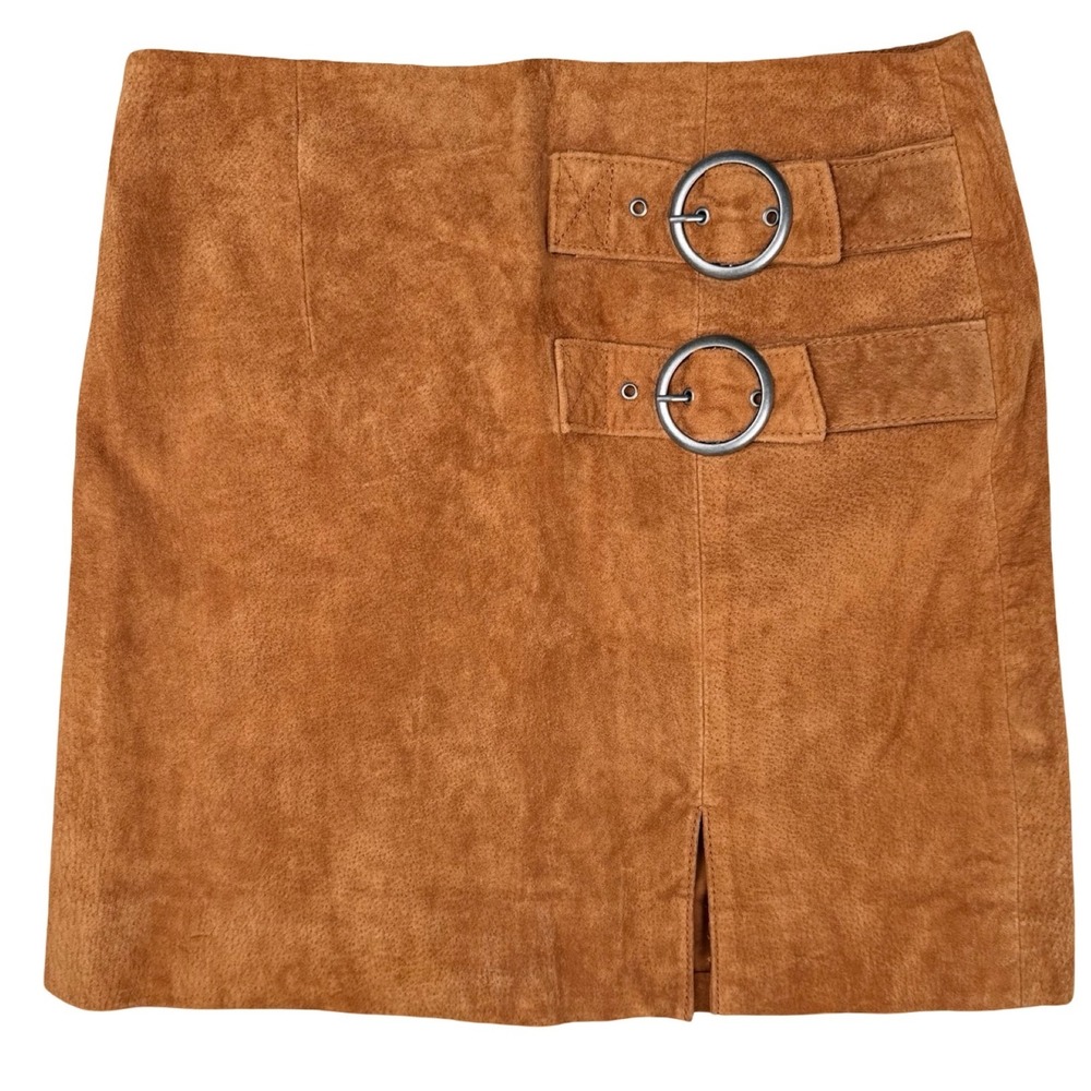 Brown Suede Leather Mini Skirt Buckle Front Y2K Moto Womens 25 - Picture 1 of 7